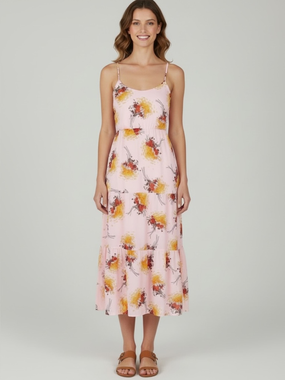 J. Crew Pink Sunburst Bouquet Tiered Maxi Dress Sundress 0 XS